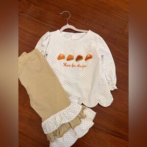 Girls White Polka Dot Top & Tan Ruffle Pants - Pie Motif